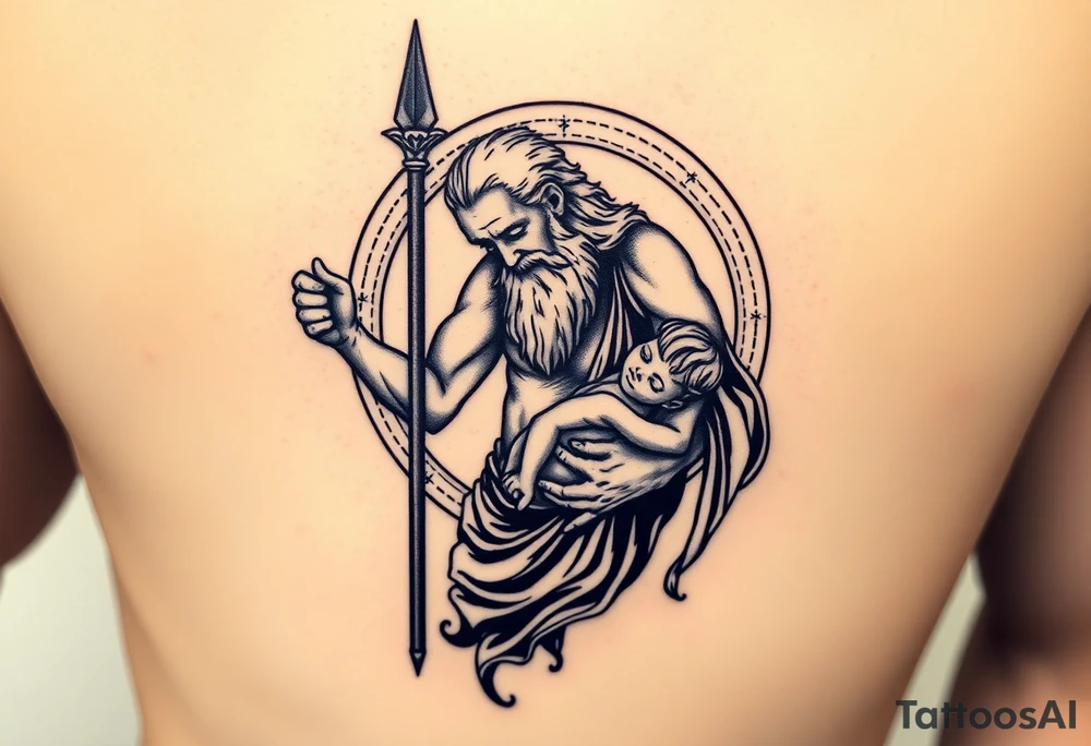 a tattoo design of the Greek God Saturn but older and nearly dying holding his spear looking down using the spear to keep himself upright, in his other arms cradling a twin dying younger version of himself. The gemini constellation is in the background behind the Saturn Gods. Long vertical form as this will be on a thigh - include the planet Saturn rings going round the design tattoo idea