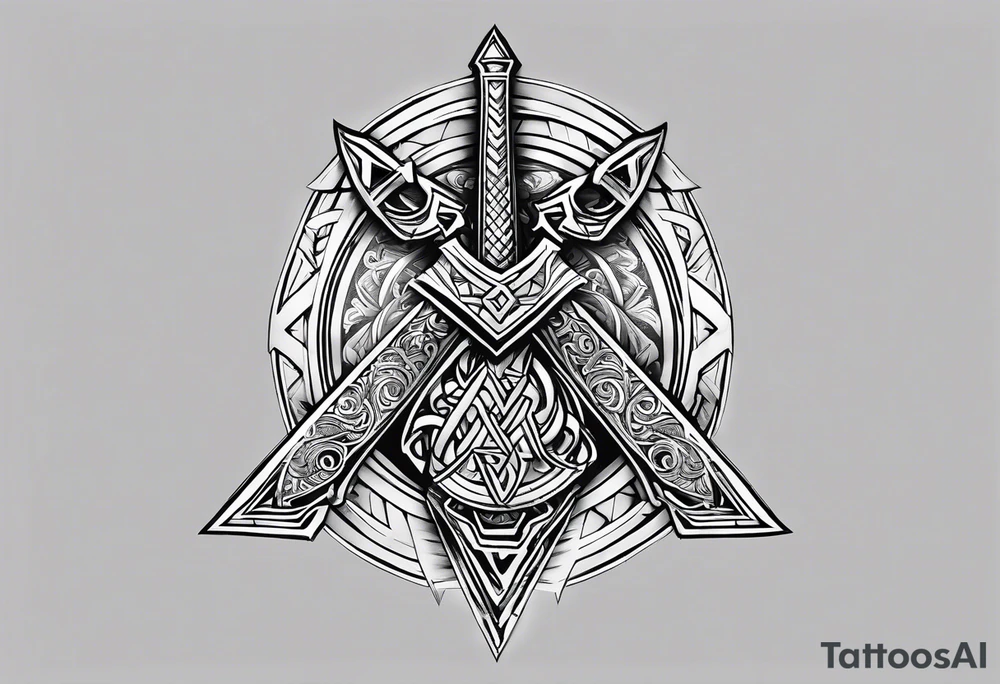 Valhalla sword shield axe Valknut tattoo idea