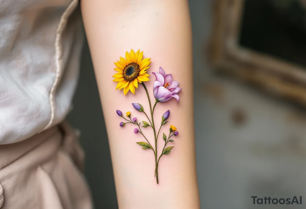 small yellow sunflowers and sunflower buds and pale purple tulip buds and a small stargazer Lilly in pale pink in a dainty wildflower bouquet with light green stems. Low detail. tattoo idea