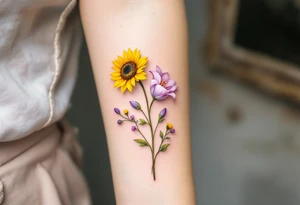 small yellow sunflowers and sunflower buds and pale purple tulip buds and a small stargazer Lilly in pale pink in a dainty wildflower bouquet with light green stems. Low detail. tattoo idea