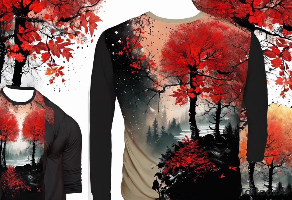 trash polka style. Arm tattoo. Long tattoo. Full sleeve. Shoulder. A single large maple tree with red autumn leaves that branches upwards from wrist to shoulder. White-throated dipper bird on the trees branches. Calluna flowers at the base of the trees stem. Tree stem has dark colors. Red/yellow sunset behind the trees stem. Leaves falling. tattoo idea