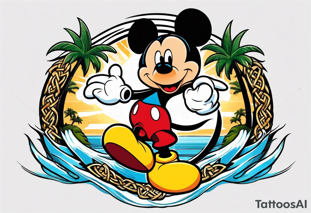 mickey mouse doing martial arts with palm trees, lightning storm and the celtic symbol for family tattoo idea