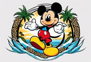 mickey mouse doing martial arts with palm trees, lightning storm and the celtic symbol for family tattoo idea