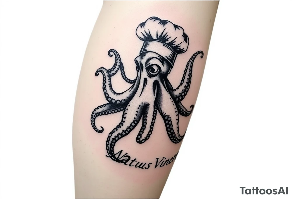 A fierce octopus on the right calf extending to the toe, with the Latin phrase Natus Vincere; the tattoo must be very realistic and the octopus must be wearing a chef's hat. tattoo idea