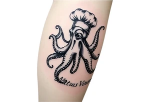 A fierce octopus on the right calf extending to the toe, with the Latin phrase Natus Vincere; the tattoo must be very realistic and the octopus must be wearing a chef's hat. tattoo idea