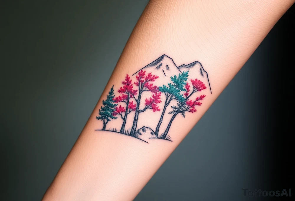 Lower forearm, trees with mountains in background, leaves on the trees are pink, purple, teal, red tattoo idea
