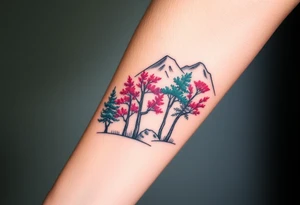 Lower forearm, trees with mountains in background, leaves on the trees are pink, purple, teal, red tattoo idea