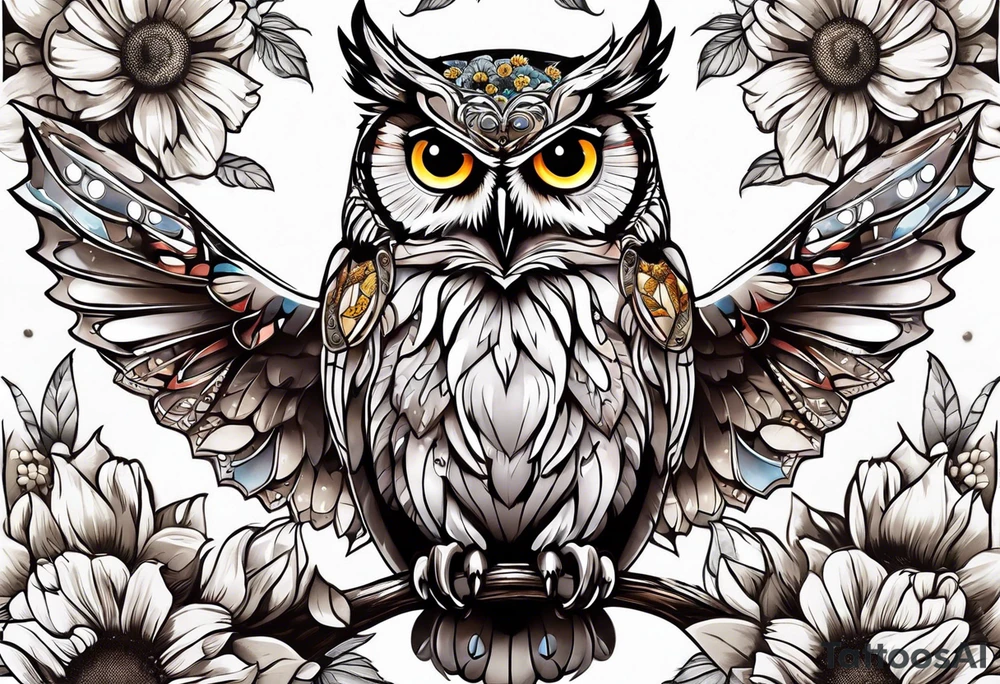 Owl with butterfly and sunflower tattoo idea