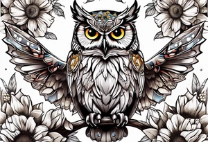 Owl with butterfly and sunflower tattoo idea