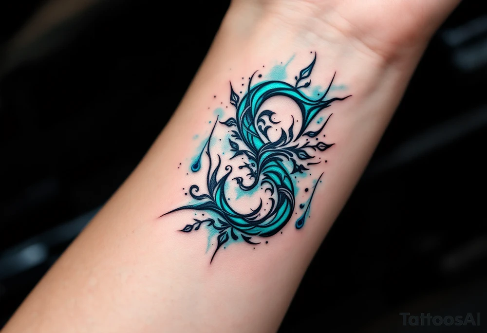 A turquoise "S" surrounded by tribal patterns in bold black lines. tattoo idea