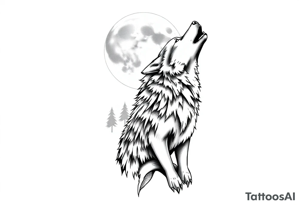 lone wolf howling at full moon with northern lights backdrop tattoo idea