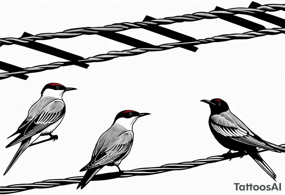 Three Arctic tern Silhouettes on a single power Line. Two are sitting, one Starts to fly away tattoo idea