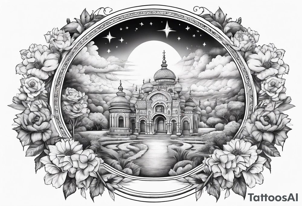 heaven town with arch
 in circle vignette surrounded by clouds flowers stars tattoo idea