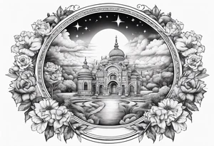 heaven town with arch
 in circle vignette surrounded by clouds flowers stars tattoo idea