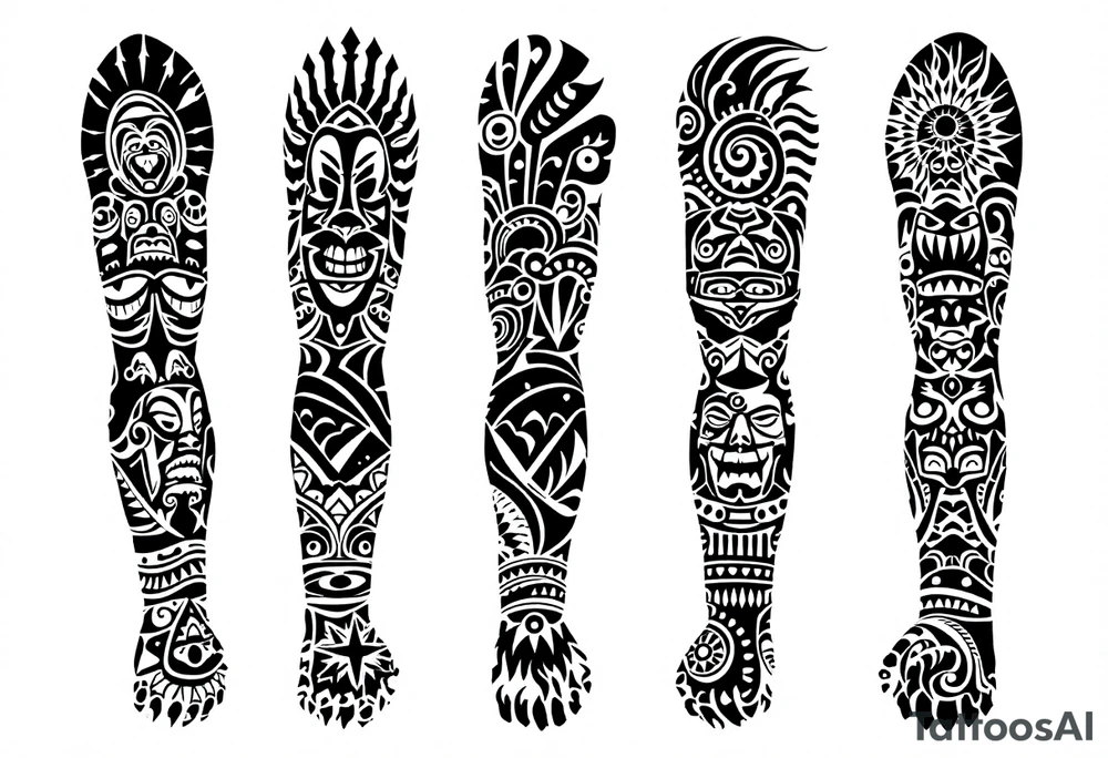 Full Polynesian sleeve tattoo with tribal motifs and oceanic symbolism – A bold black ink sleeve wrapping from shoulder to wrist, featuring traditional Polynesian patterns such as spearheads, shark teeth, tiki faces, and ocean waves. The design flows organically around the arm, with geometric symmetry, interwoven lines, and negative space creating rhythm and meaning. Symbols of strength, protection, family, and warrior spirit are incorporated throughout, including turtle shells (longevity), sun rays (leadership), and enata figures (ancestors and community). Entire design in solid black with precise clean edges, in authentic Polynesian style. tattoo idea
