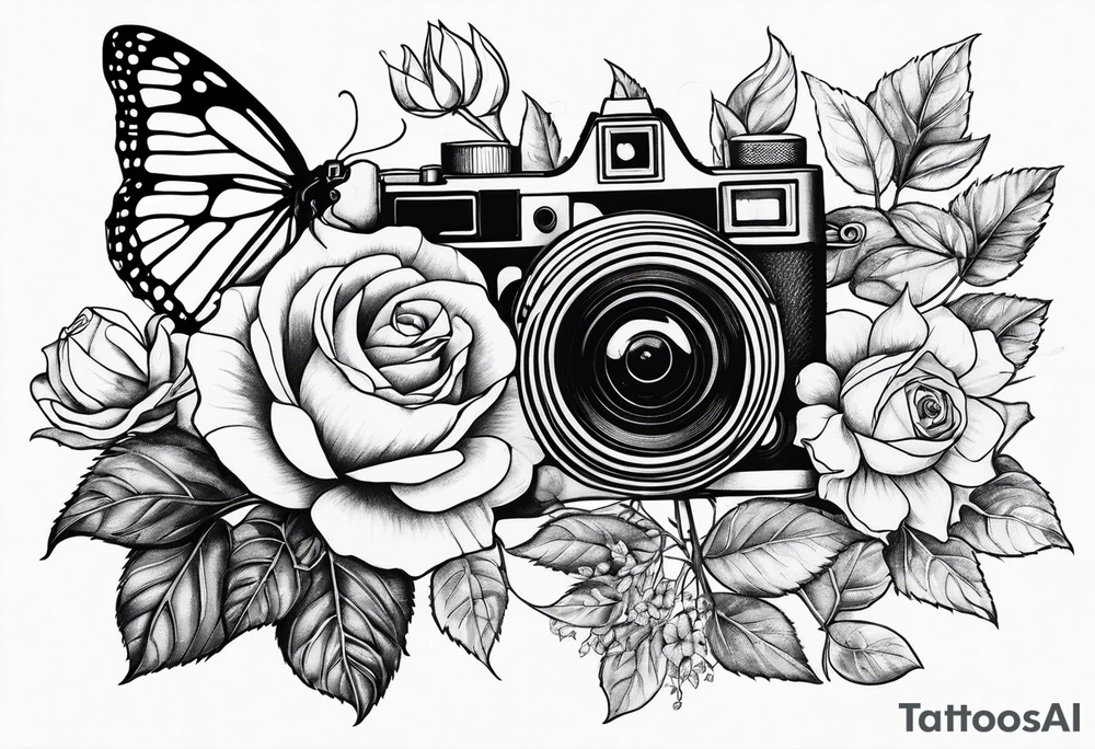 Flower : rose , sunflower, camera, small butterfly tattoo idea