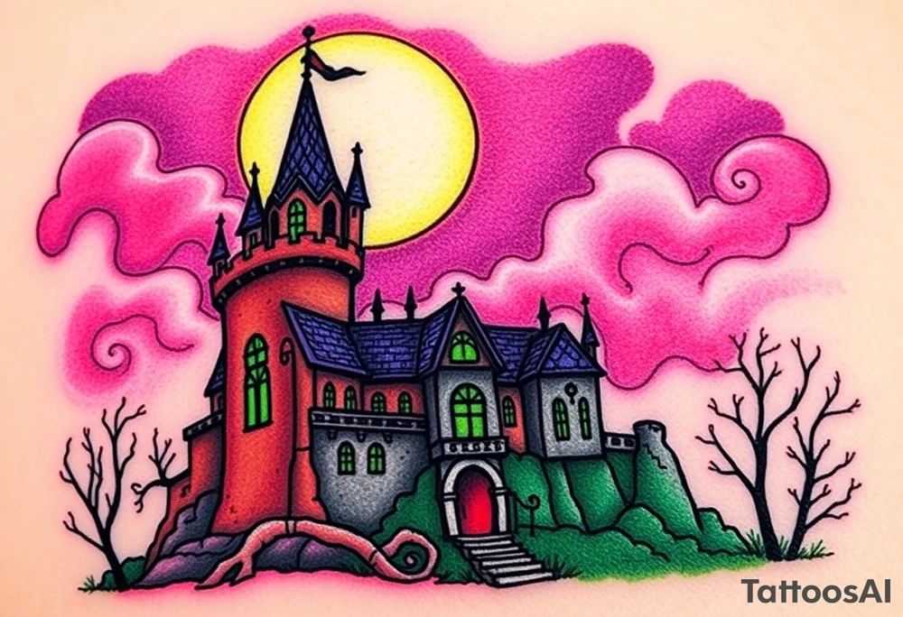 Tim Burton’s disney sleeping beauty’s haunted castle is abandoned and dripping with muted reds, dusty pinks, and eerie green glow.purple and cyan smokey clouds swirl in the crescent moonlit sky thats sprinkled with stars tattoo idea tattoo idea