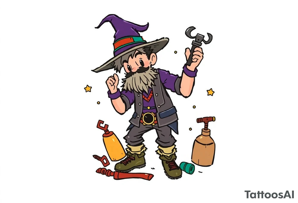 Young guy is exploring witch supplies, tools, equipment tattoo idea