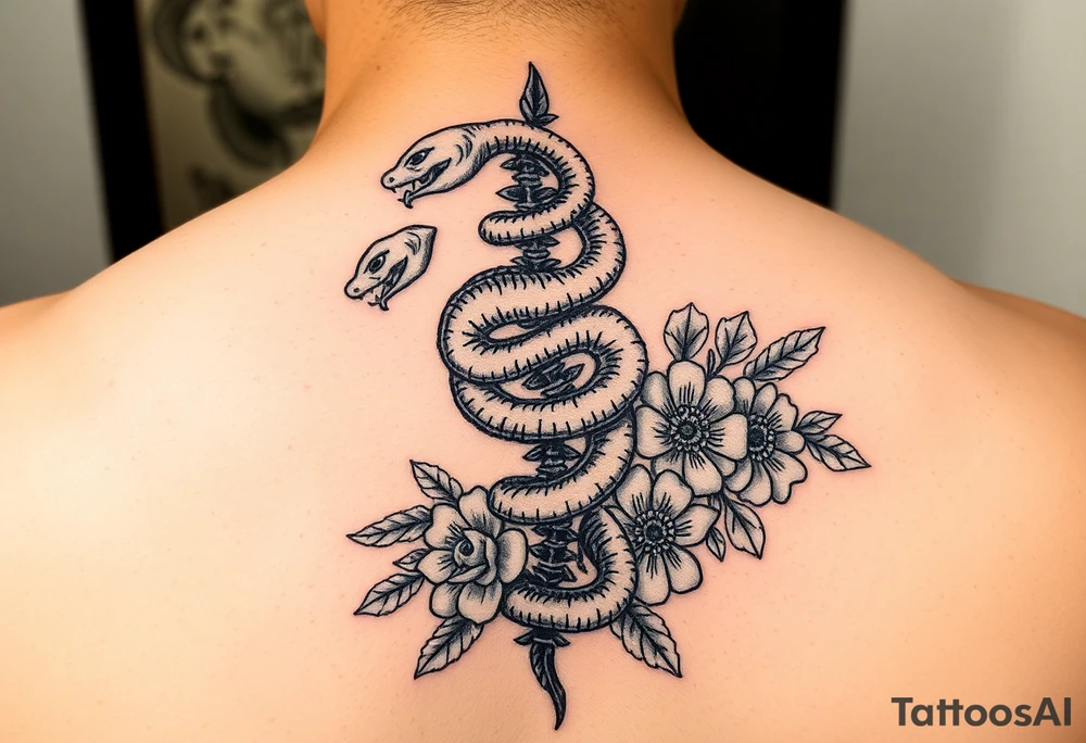 generate a spine tattoo with a snake wrapping around the spine and light florals tattoo idea