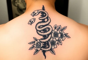 generate a spine tattoo with a snake wrapping around the spine and light florals tattoo idea