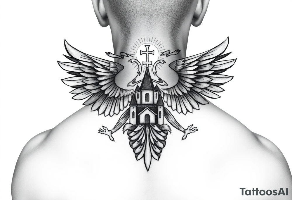 an actual russian coat of arms with the eagles wings spanning out on my back neck across my shoulders / traps with a orthodox christian church being visible in a mountainous sun beaming setting, with the russian orthodox cross spire of the orthodox church being visible on my neck with a sun beaming in the background that the cross sits inside tattoo idea