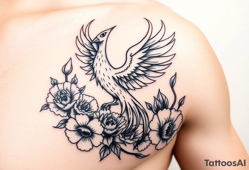 A pheonix rising out of fire surrounded by carnation flowers on the upper arm tattoo idea