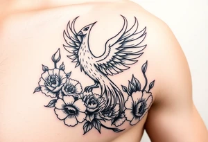 A pheonix rising out of fire surrounded by carnation flowers on the upper arm tattoo idea