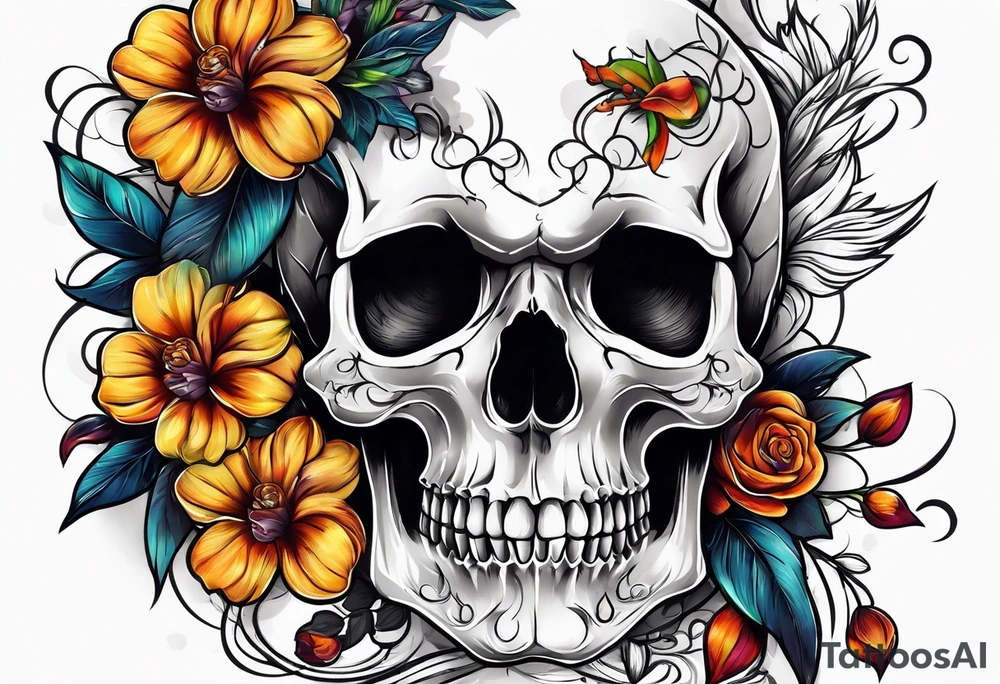 skull with flowers growing on it tattoo idea