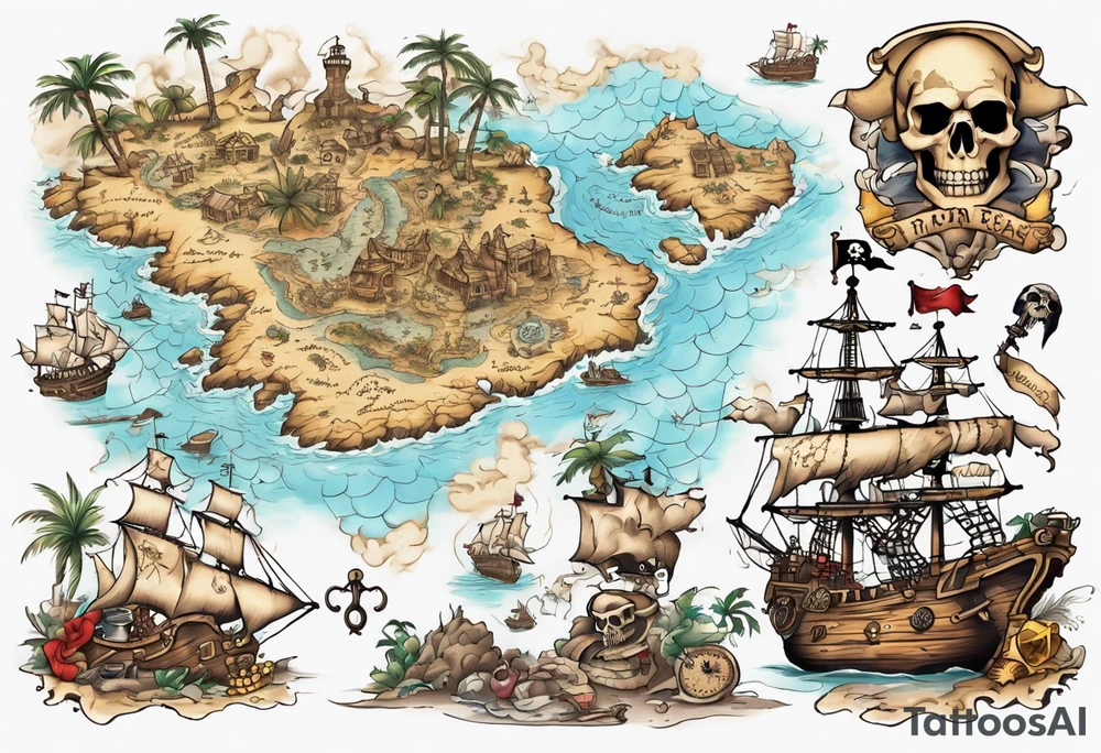 a back tattoo of a pirate treasure map with an island shaped like a big skull with clues to different areas of treasure tattoo idea