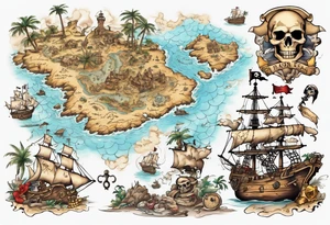 a back tattoo of a pirate treasure map with an island shaped like a big skull with clues to different areas of treasure tattoo idea