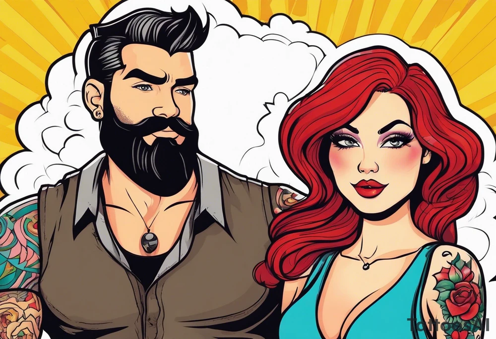 Busty Red haired woman with black haired bearded man tattoo idea