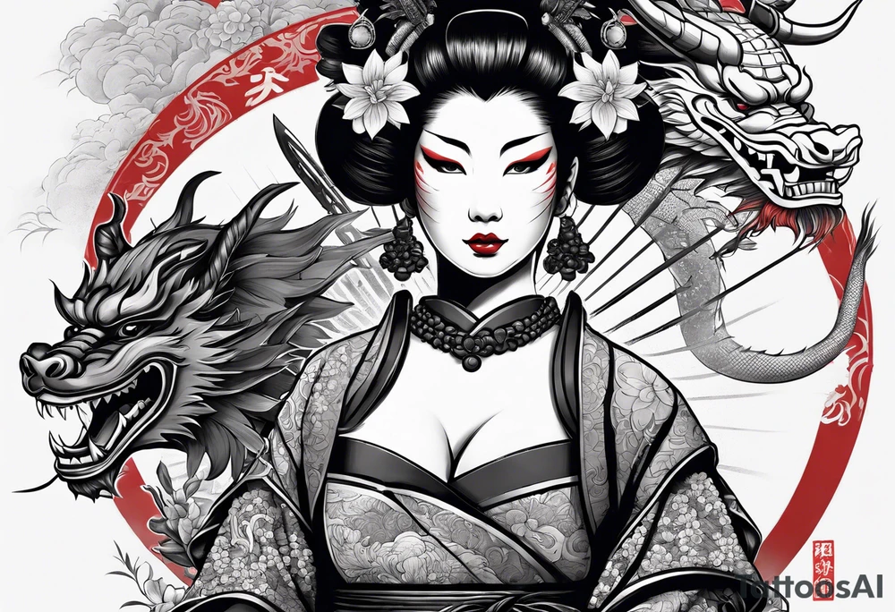 geisha in samurai armor, wearing an odashi in her hand and an oni mask on her belt, with a dragon in the background tattoo idea
