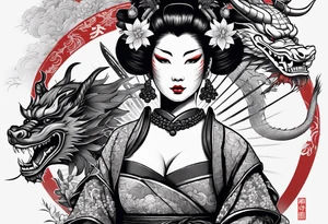 geisha in samurai armor, wearing an odashi in her hand and an oni mask on her belt, with a dragon in the background tattoo idea