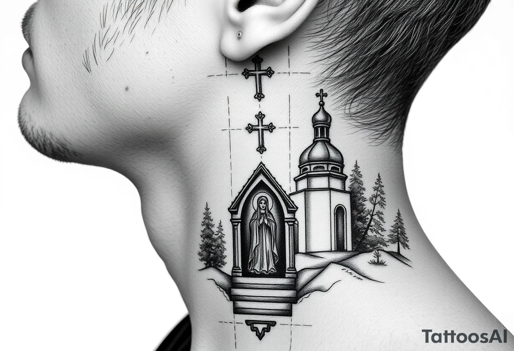 russian coat arms traditional christian orthodox cross with a virgin mary stood in the entrance of a russian orthodox dome church on the side of the neck in a wilderness setting tattoo idea
