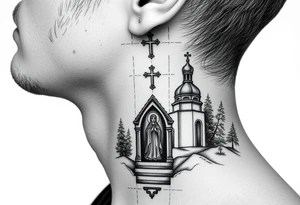 russian coat arms traditional christian orthodox cross with a virgin mary stood in the entrance of a russian orthodox dome church on the side of the neck in a wilderness setting tattoo idea