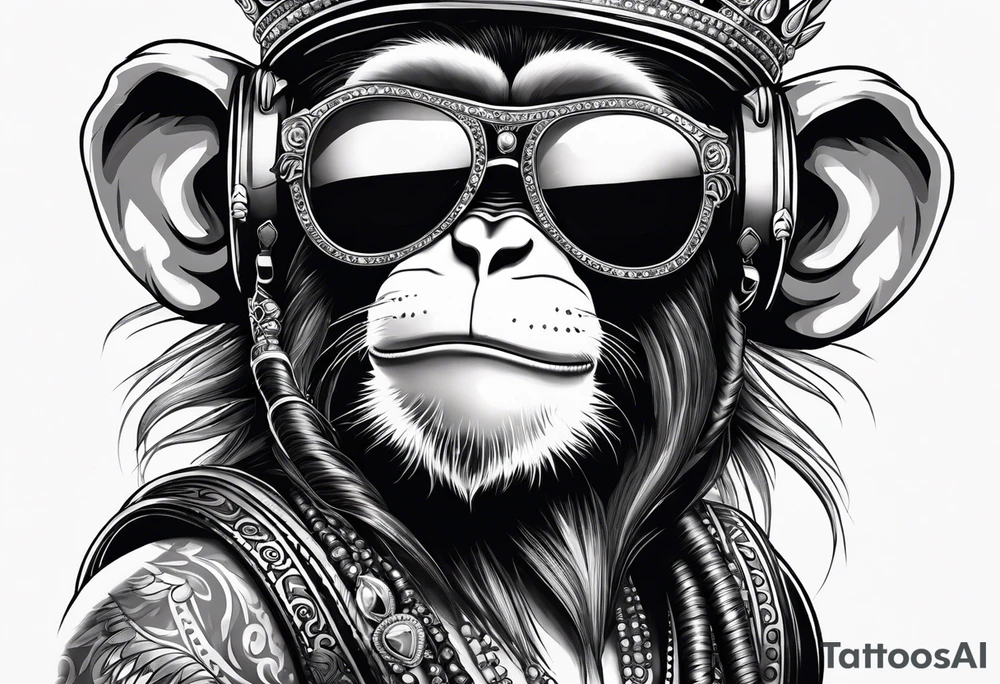 A cool free spirit female monkey with a princess crown pigtails and shades tattoo idea