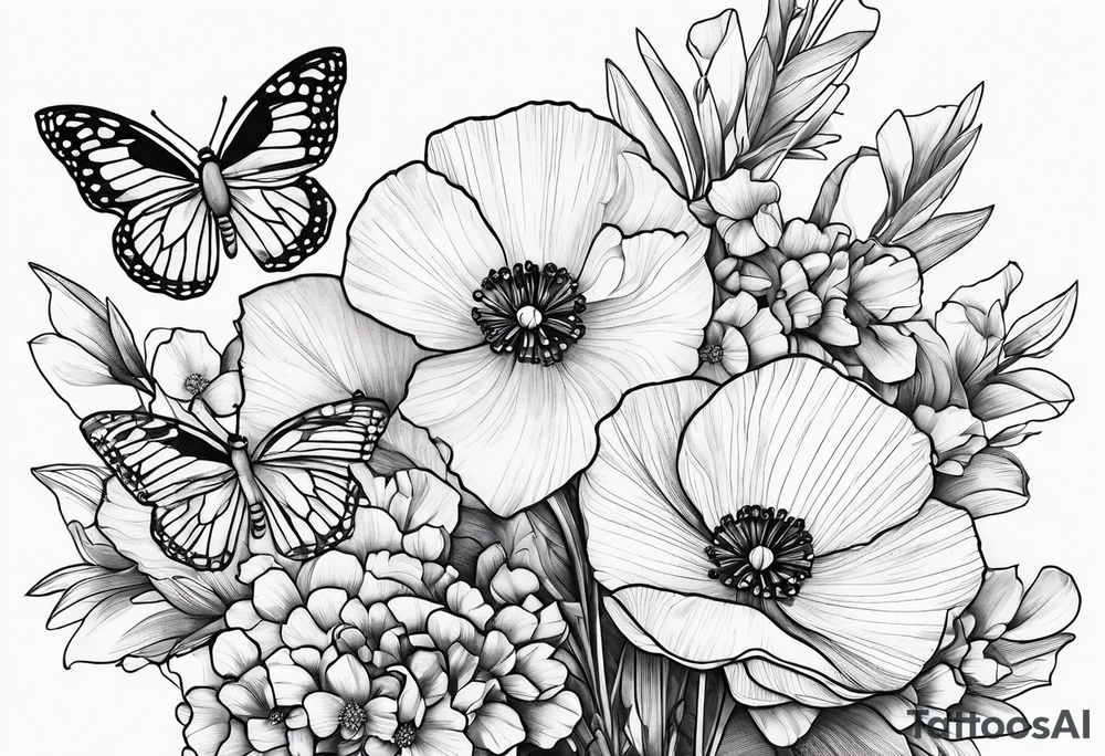 Bouquet of poppies and paperwhites and holly with. A butterfly tattoo idea