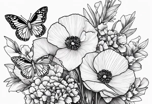 Bouquet of poppies and paperwhites and holly with. A butterfly tattoo idea