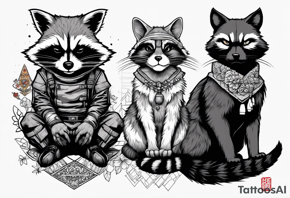 Rocket raccoon sitting with a black cat tattoo idea