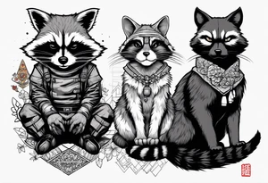 Rocket raccoon sitting with a black cat tattoo idea