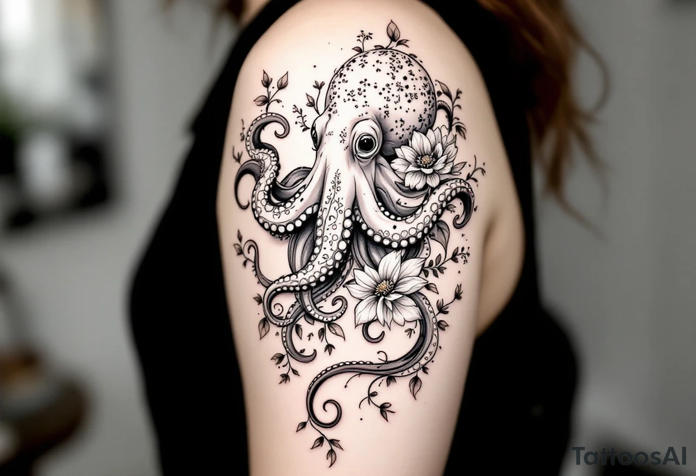 realistic octopus, detailed linework, black-and-grey shading, elegant floral vine, intertwining tentacles, thin black swirling lines, semi-transparent brown leaves, delicate mandala flower, dotwork, ornamental flourishes, radiating design, fine-line style, minimalistic, organic flow, feminine, artistic, slightly surreal, seamless composition, marine botanical fusion, lifelike texture, graceful rhythm, natural growth integration, upper arm placement, shoulder curve, body-following design, smooth shading, soft leaves wrapping, blooming shoulder flower, outward radiating pattern, vine tentacle flow, integrated sea creature, botanical octopus, arm shoulder tattoo, curved body placement, natural organic movement tattoo idea