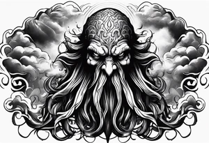 Cthulhu face surrounded by storm clouds with white lightning, tentacles and clouds wrapping around forearm tattoo idea