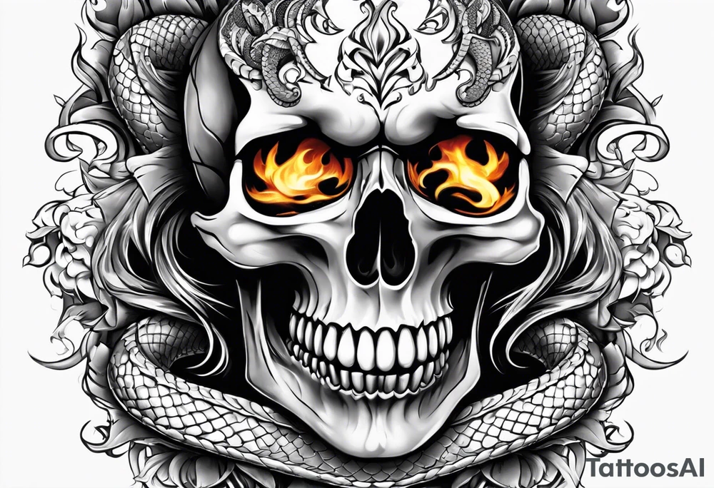 Skull with burning flames in mouth and snake through its eyes tattoo idea