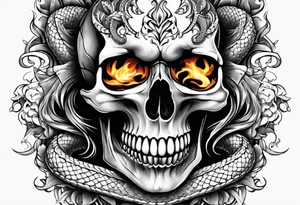 Skull with burning flames in mouth and snake through its eyes tattoo idea
