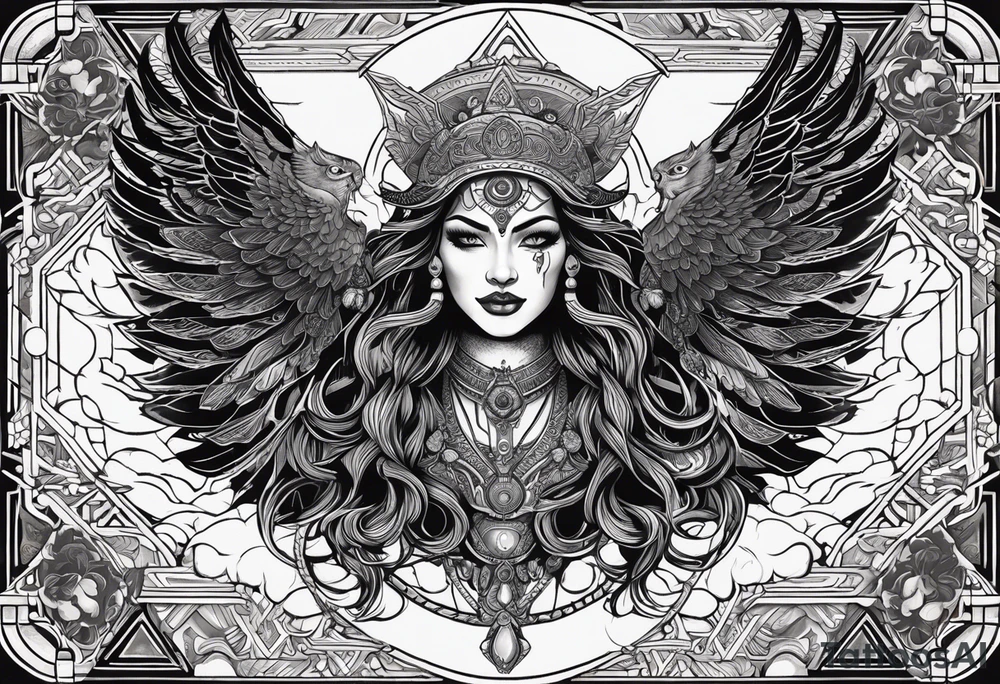 black kali, goddess pirate, alien, angel, pachamama, valkrye, warrior, flying, skull, lotus azul, wing, eagle, zenza resonance, stars, 5D, anahata chakra, death, durga, riding on a tiger, flying lady tattoo idea