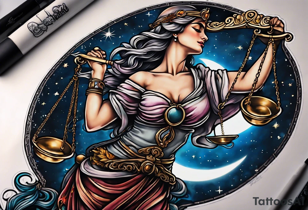 Themis holding the scales of justice while blindfolded with a moon in the background in color tattoo idea
