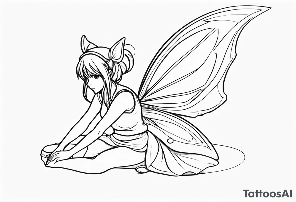 No color sideways sketch of a fairy with a tail inspired by the guild symbol in the anime show called Fairy Tail in a fetal position leaning forward while crawled in with hands a bit forward and her body is an angle while floating in the air tattoo idea