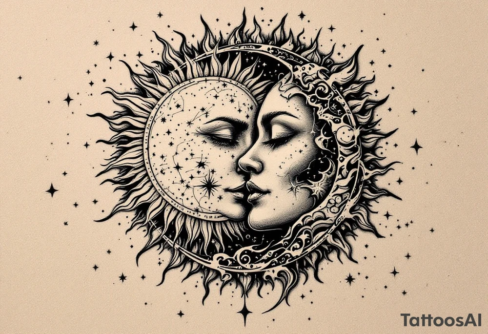 celestial sun and moon embrace with constellation patterns tattoo idea celestial sun and moon embrace with constellation patterns tattoo idea