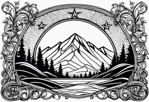 A diamond windows showing 3 stars above a mountain. Waves underneath, trees to the sides tattoo idea