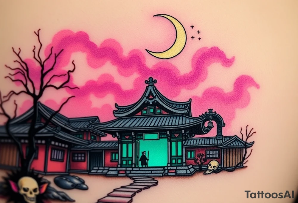 Tim Burton’s haunted pastel Tokyo shrine is abandoned except for one lone samurai ghost and dripping with muted reds, dusty pinks, and eerie green glow.purple and cyan smokey clouds swirl in the crescent moonlit sky thats sprinkled with stars tattoo idea tattoo idea